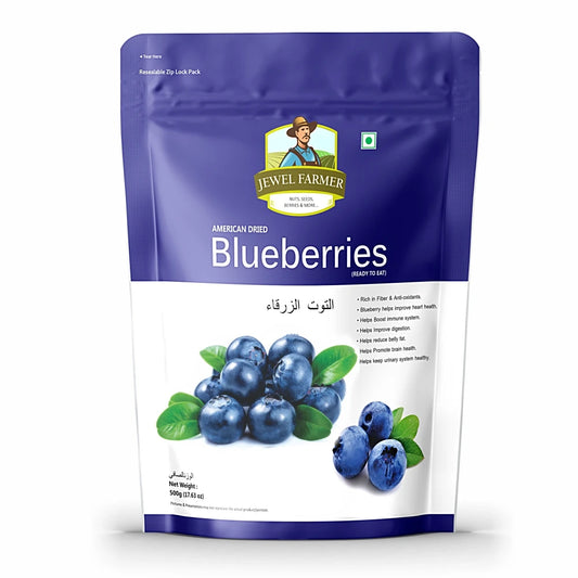 Front view of Jewel Farmer Dried Blueberries 500g – healthy, fiber-rich dried fruits for immunity boost and heart wellness.