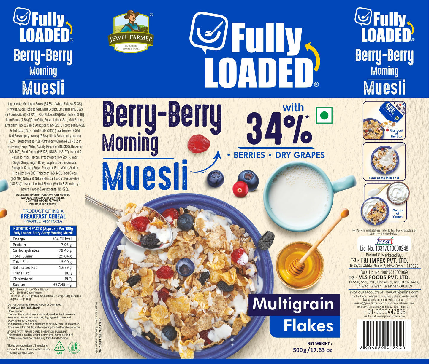 back view of jewel farmer berry-berry morning muesli 500g pack showing nutritional facts and ingredients of healthy muesli mix