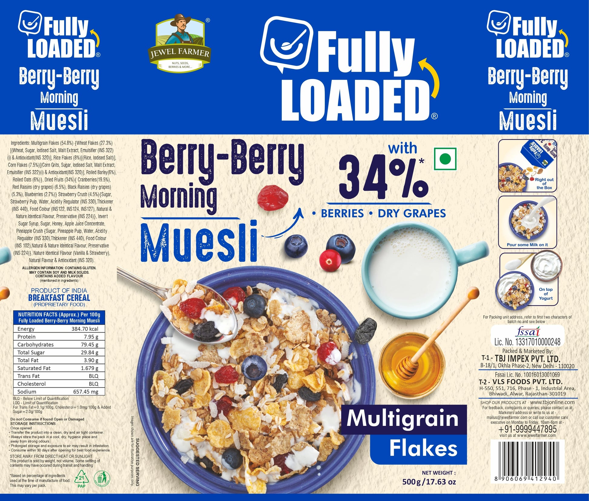 Back view of Jewel Farmer Berry-Berry Morning Muesli 500g pack showing nutritional facts and ingredients of healthy muesli mix