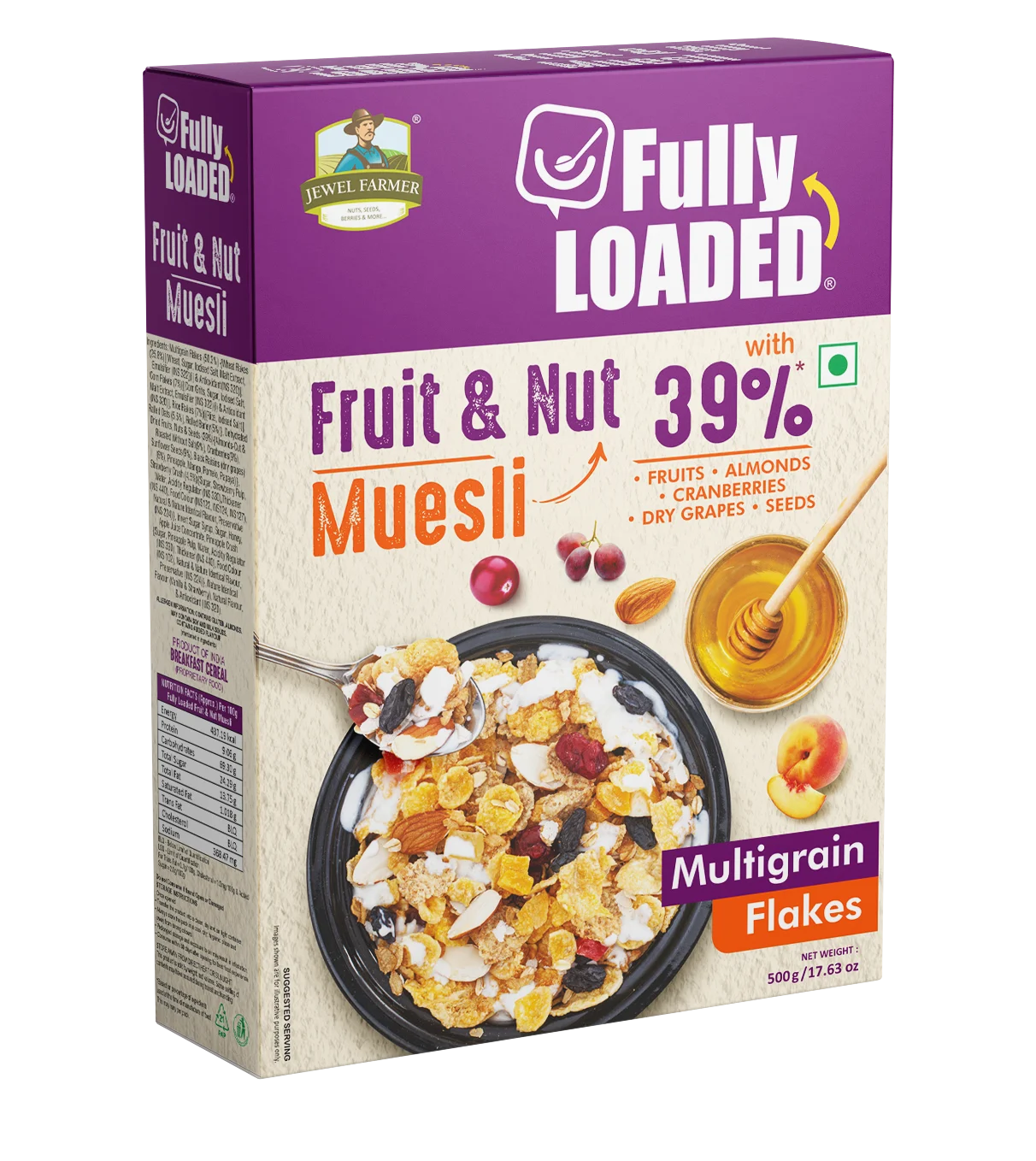 jewel farmer fully loaded fruit & nut muesli 500g – fiber-rich, heart-healthy mix of grains, dry fruits, and seeds for a balanced morning meal
