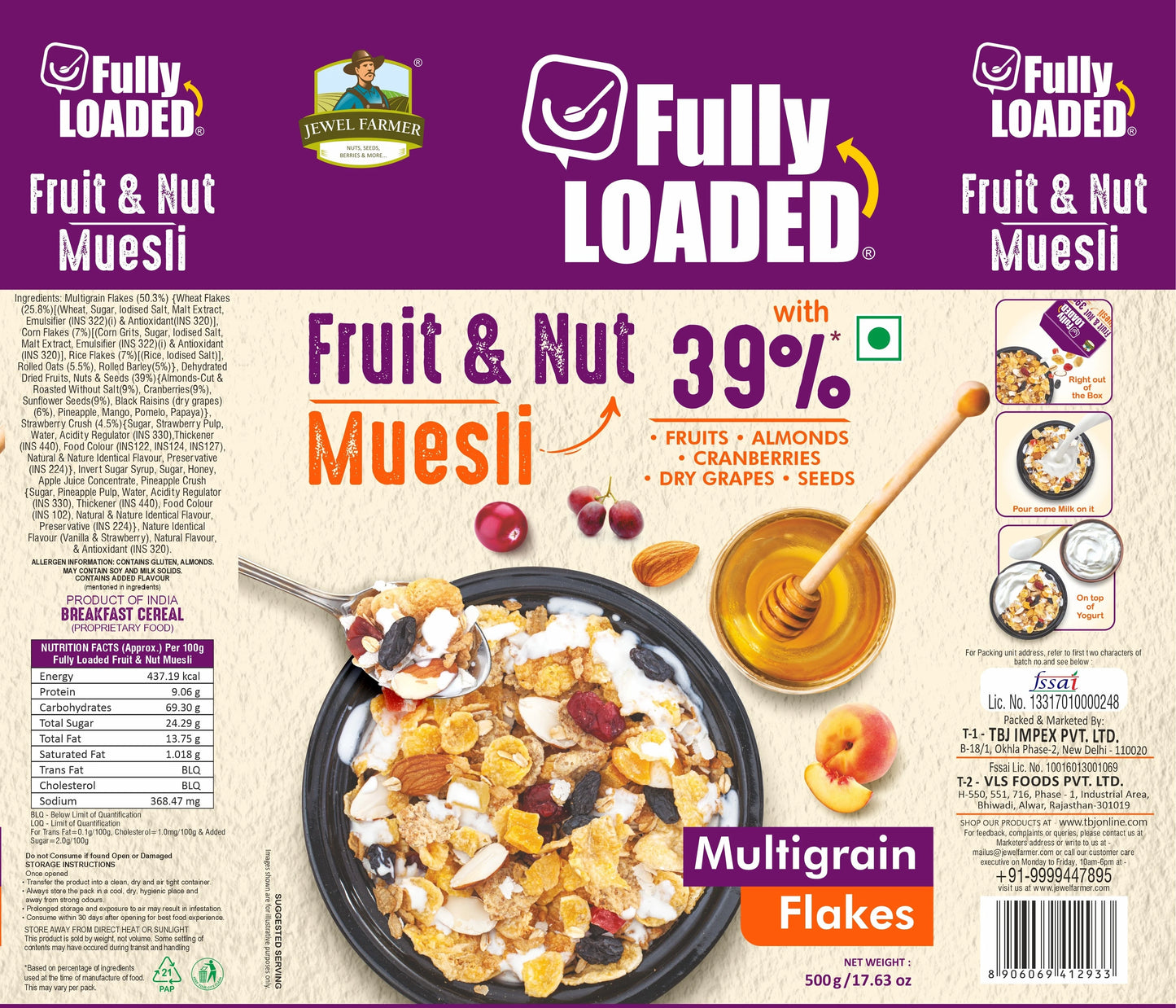 jewel farmer fully loaded fruit & nut muesli 500g information panel displaying ingredients, nutritional facts, manufacturer details, and product usage