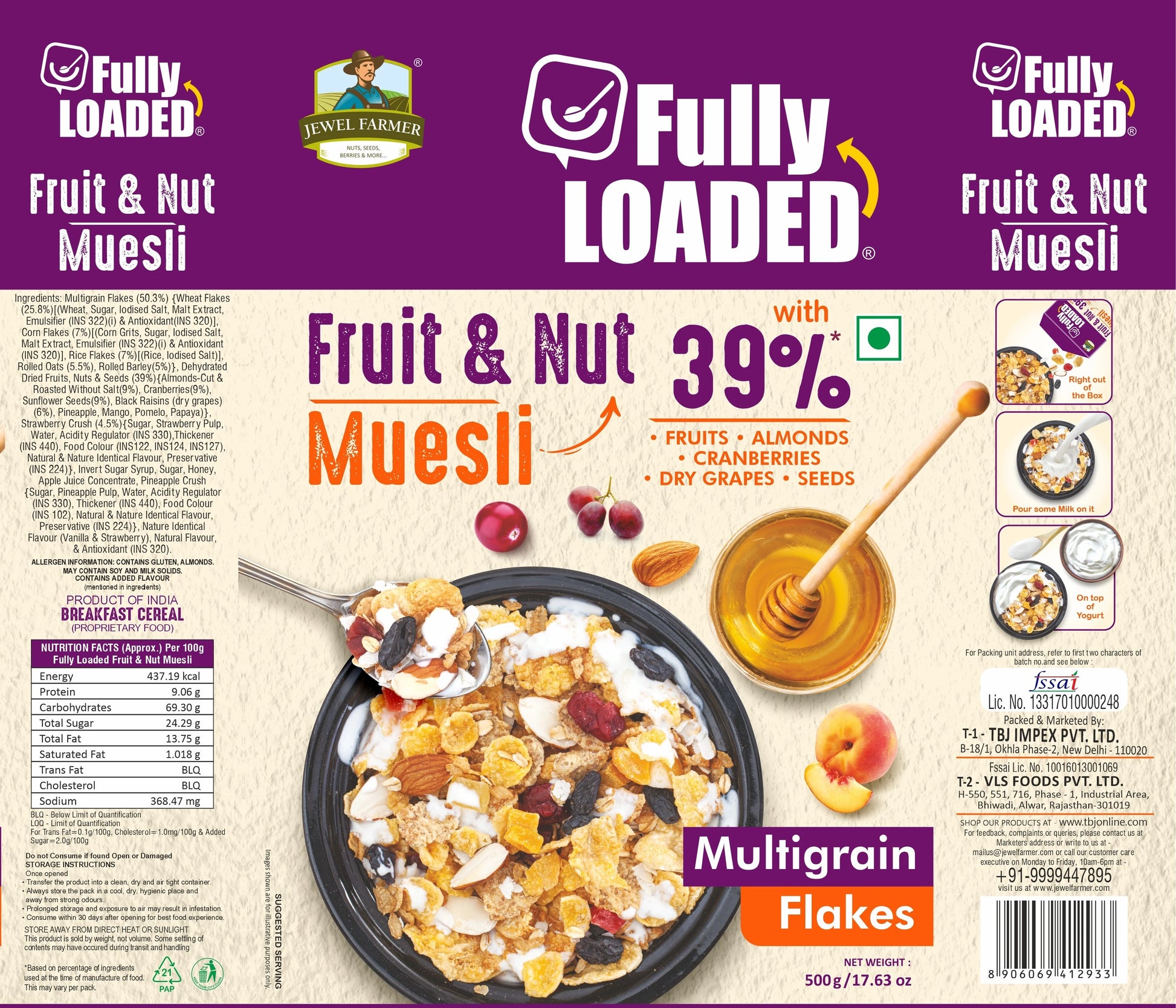 Jewel Farmer Fully Loaded Fruit & Nut Muesli 500g information panel displaying ingredients, nutritional facts, manufacturer details, and product usage