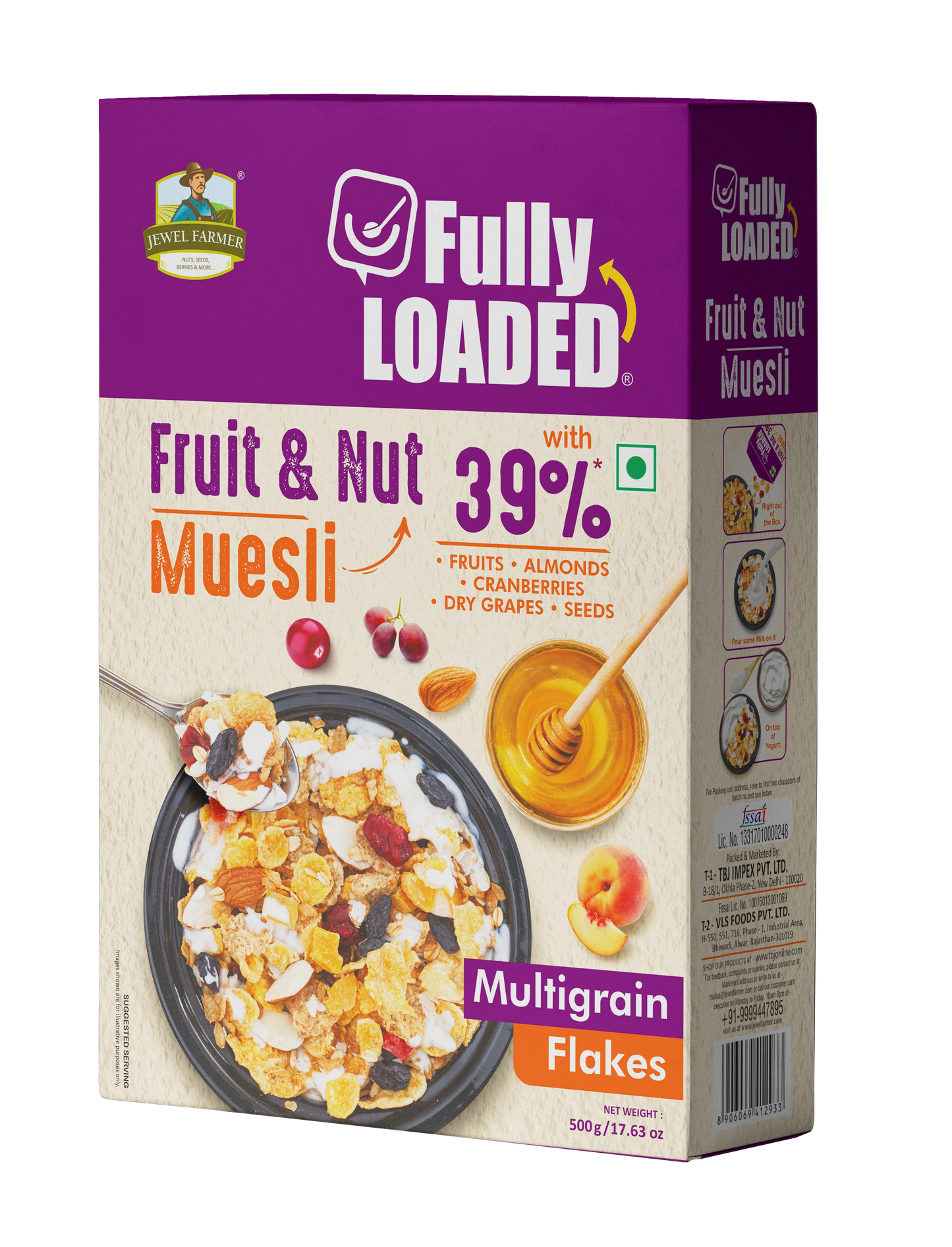 healthy breakfast muesli by jewel farmer – 500g pack of rolled oats, almonds, raisins, and crunchy fruits for daily nutrition boost
