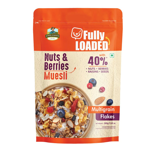 Jewel Farmer Fully Loaded Nuts and Berries Muesli 200g pack featuring high-protein flakes, antioxidant-rich berries, and crunchy dry fruits for healthy breakfast