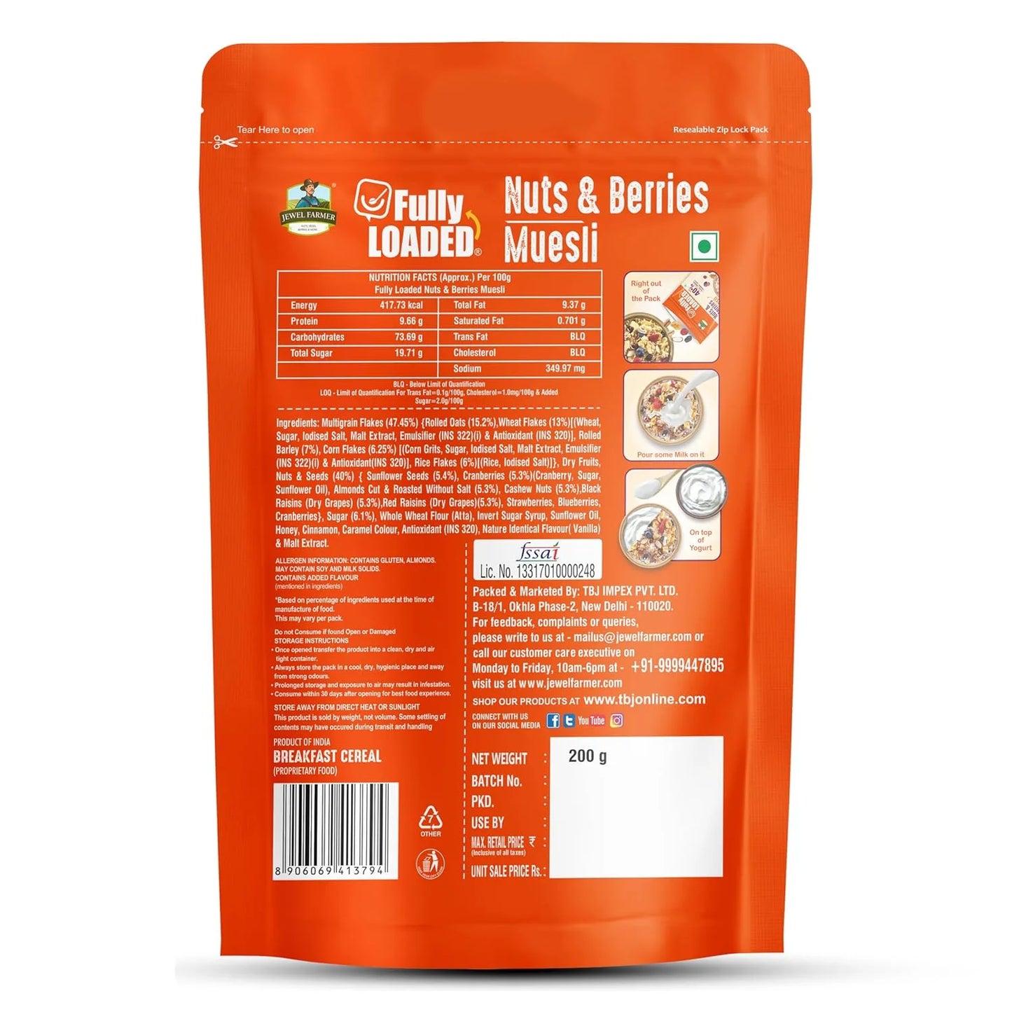 back view of jewel farmer fully loaded nuts and berries muesli 200g showing nutritional values, ingredients, and healthy breakfast mix details