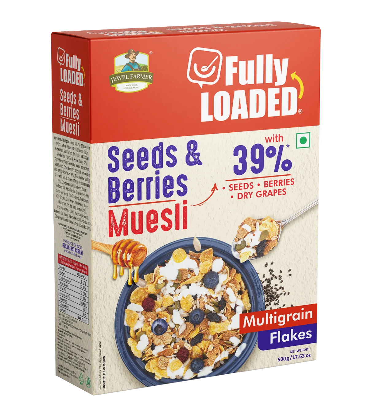 Fully Loaded Seeds and Berries Muesli 500g by Jewel Farmer – organic breakfast mix with super seeds, berries, and natural nutrition.