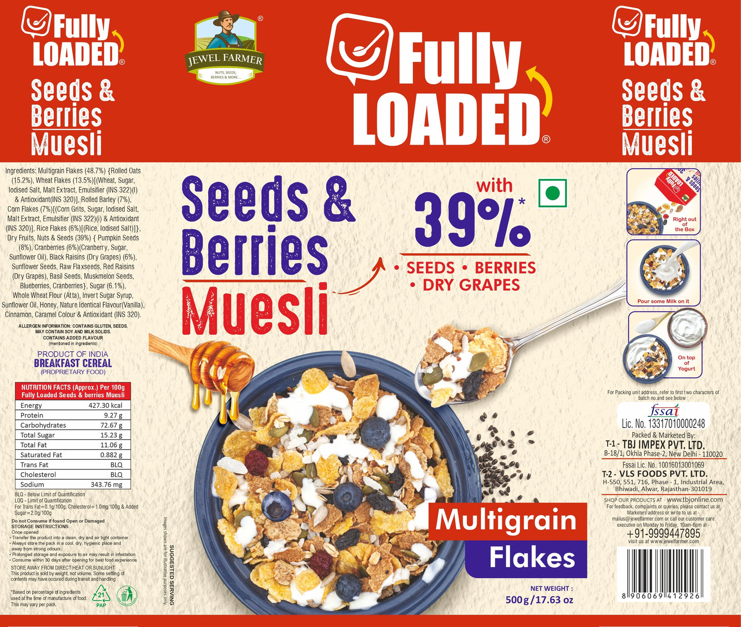 nutrition label of jewel farmer muesli 500g – high in protein, dietary fiber, and essential minerals from premium dry fruits and seeds.
