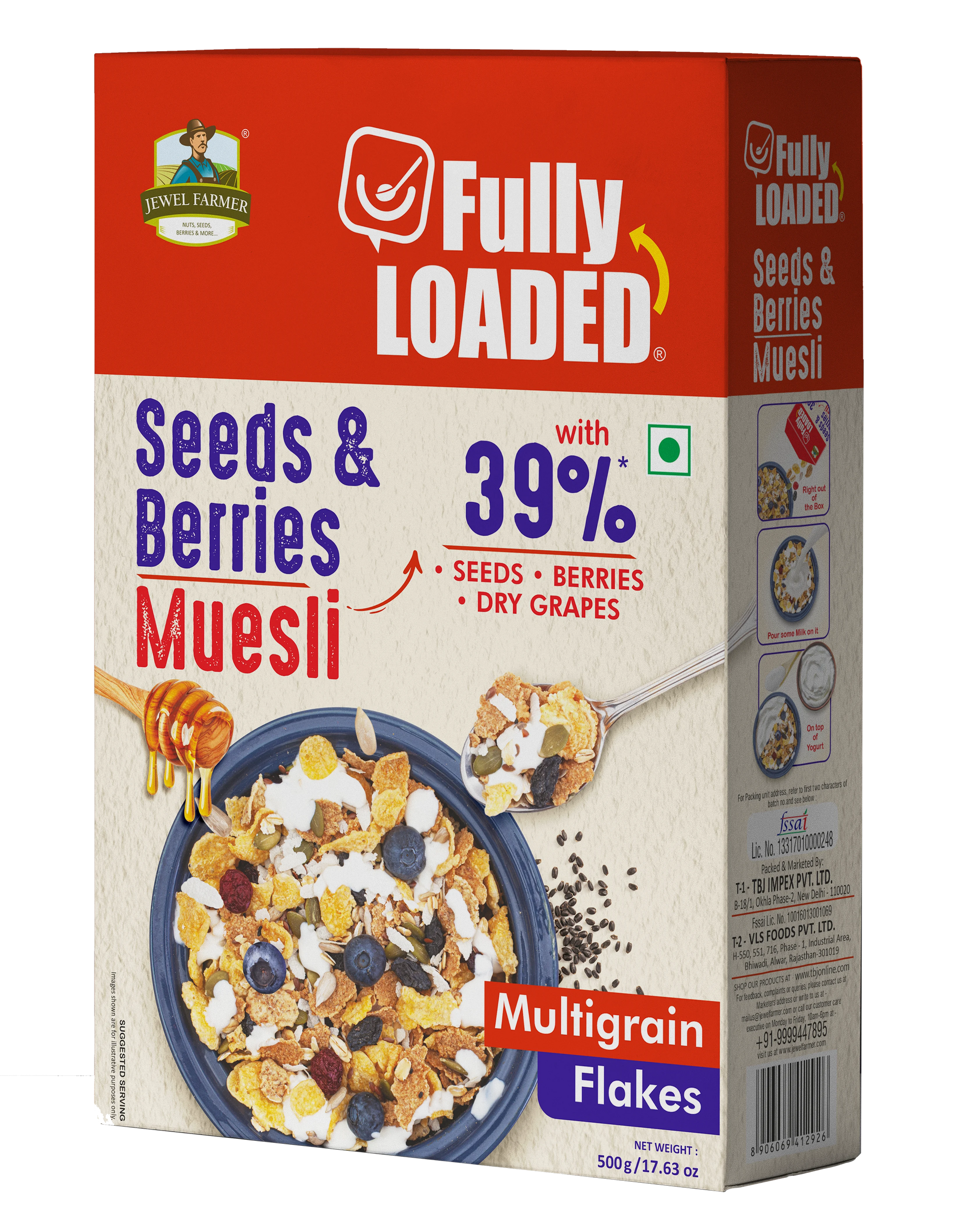 Side view of Fully Loaded Seeds and Berries Muesli 500g by Jewel Farmer – enriched with dry fruits for energy, fiber, and heart health.