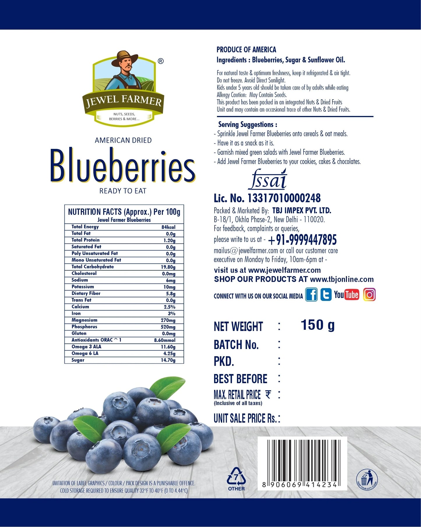 information label of jewel farmer blueberries 150g – shows natural ingredients, calories, and health benefits of dried fruits.