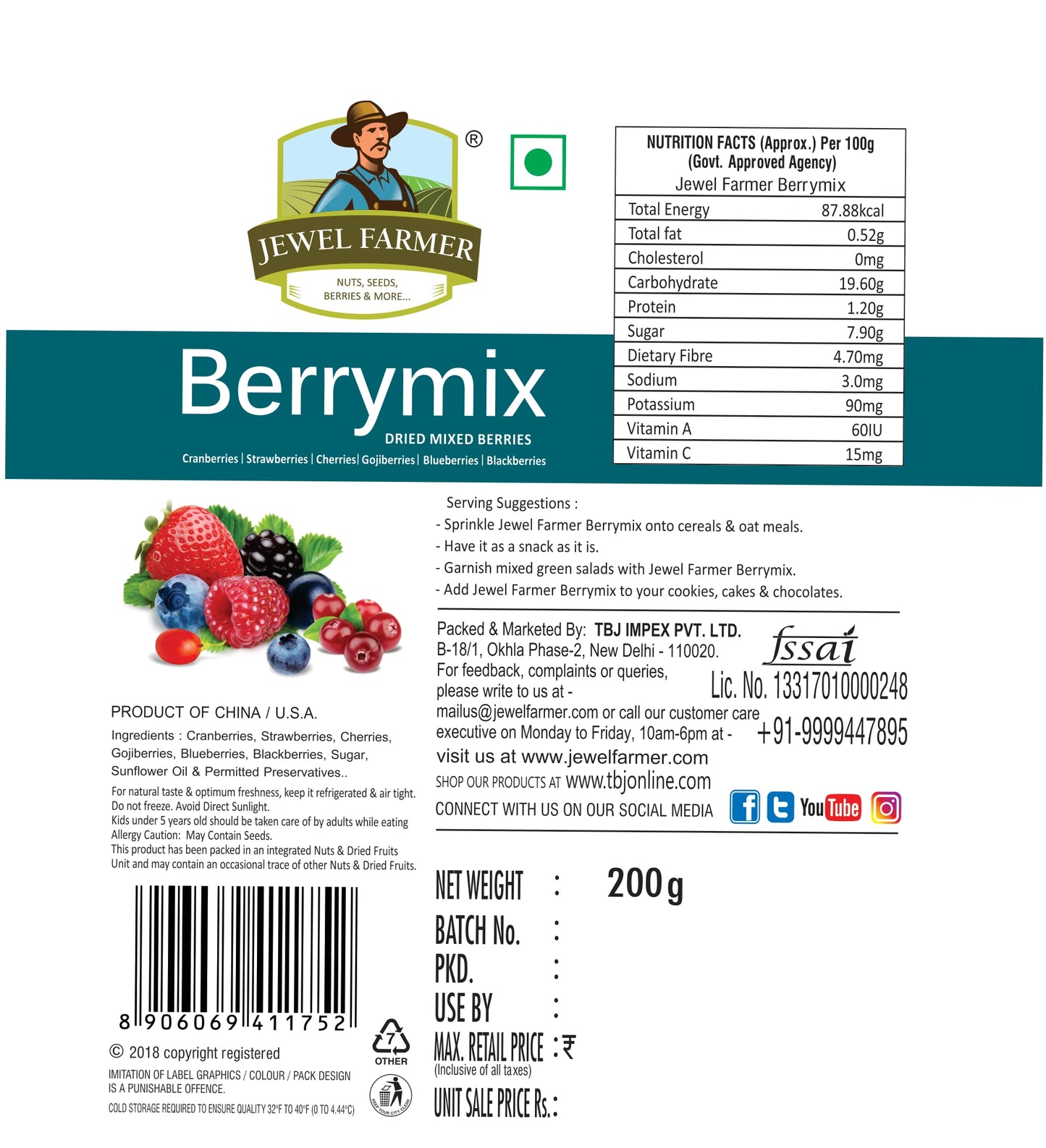 information label of jewel farmer berry mix 200g – shows ingredients, calories, and fiber content of premium dried mixed berries.
