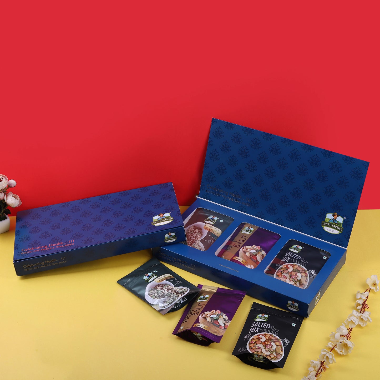jewel farmer 3 in 1 dry fruits box combo, highlighting its elegant packaging and wholesome nutty treats inside