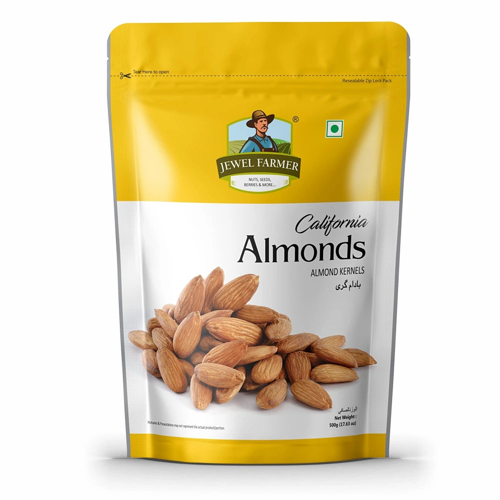 Jewel Farmer Almonds 500g pack of premium dry fruits, buy online dryfruits for healthy snacking and nutrition boost.