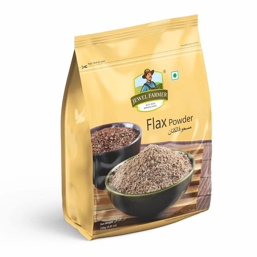 Jewel Farmer Flax Powder 250g pack – natural, high-protein flaxseed powder perfect for healthy recipes, smoothies, and baking.