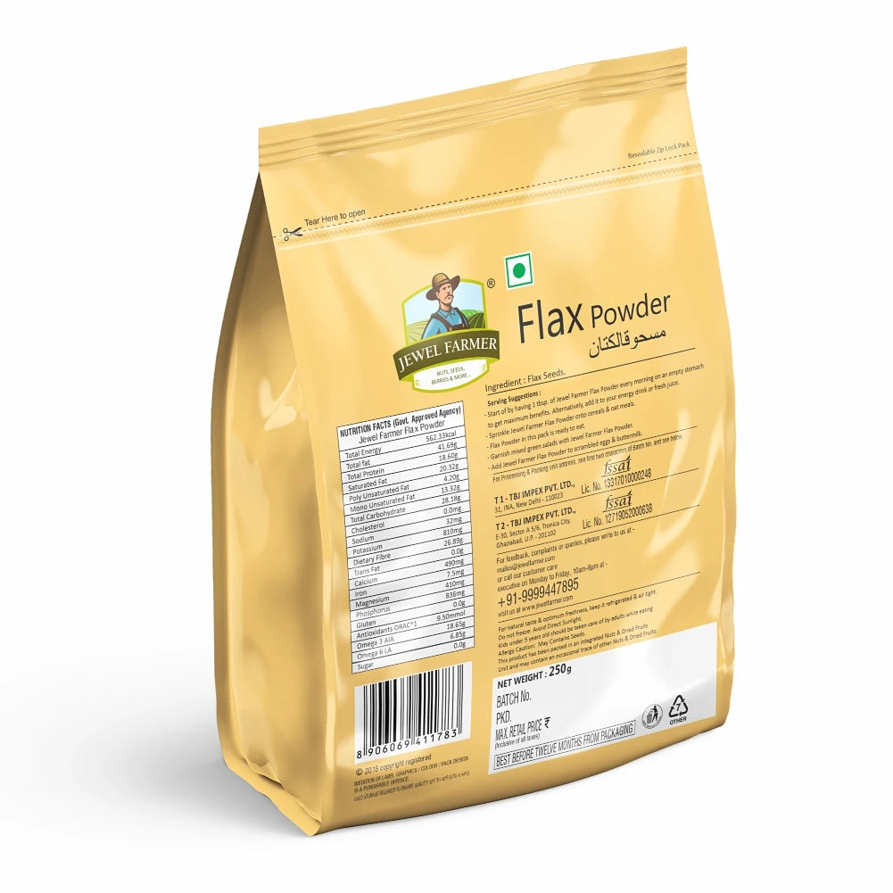 back image of jewel farmer flax powder 250g showing nutrition facts, ingredients, and health info of natural flaxseed powder.