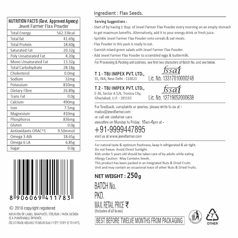 Informational image of Jewel Farmer Flax Powder 250g showing health benefits, protein content, and daily nutritional value.