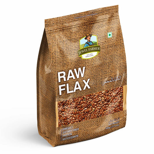 Jewel Farmer Raw Flax Seeds 500g pack – high-protein, fiber-rich superfood ideal for healthy diet, smoothies, and natural nutrition.
