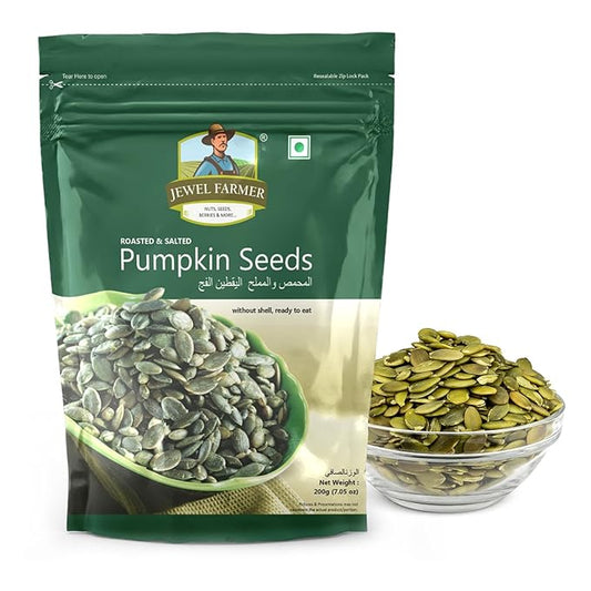 Jewel Farmer pumpkin seeds packaging with a bowl of seeds on a white background