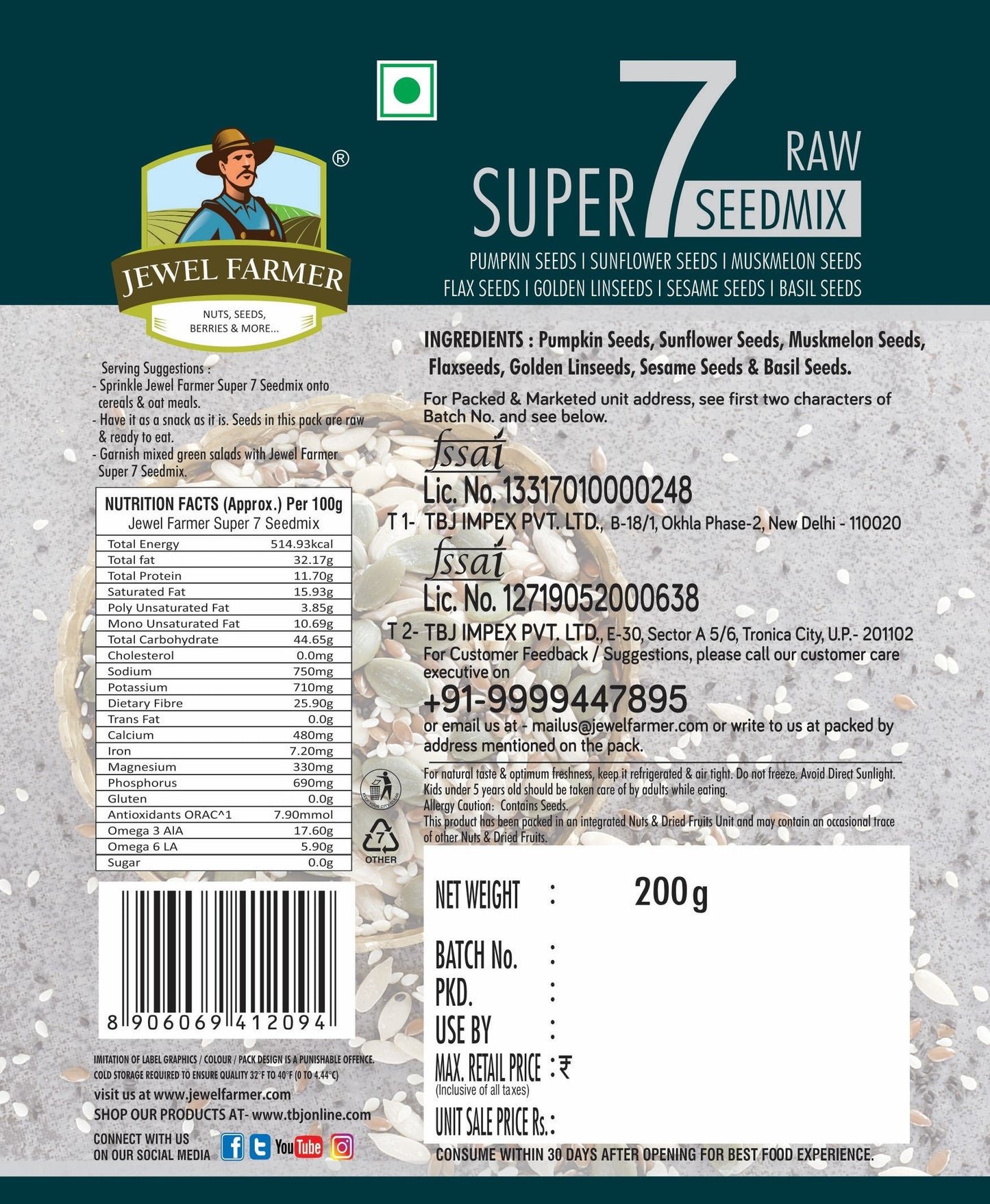 jewel farmer raw super 7 seedmix 200g product information image