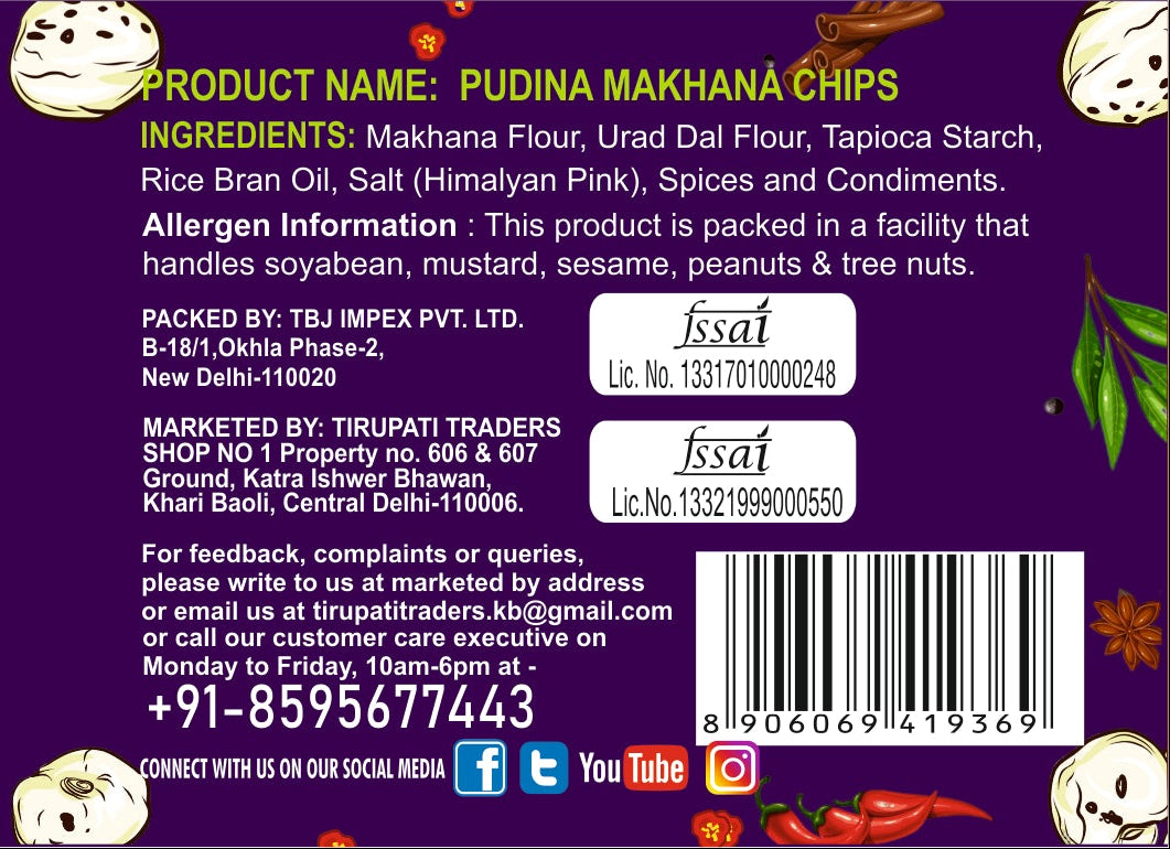 snackman pudina makhana chips packaging with branding and product details.