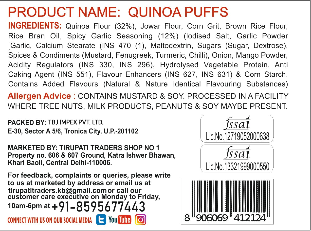 snackman quinoa puffs smoked garlic packaging with nutritional information and branding details.