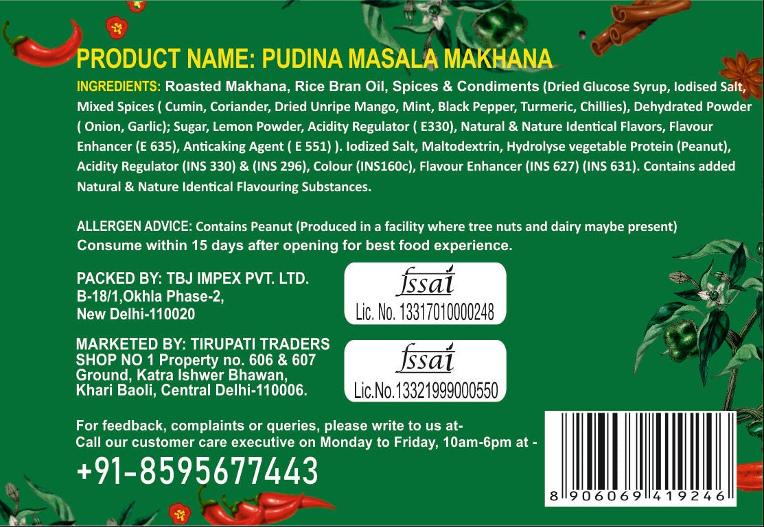 snackman roasted makhana packaging with green background and brand logo.