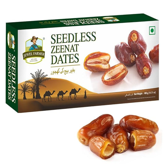 Box of Jewel Farmer Seedless Zeenat Dates with images of dates on a desert landscape background.