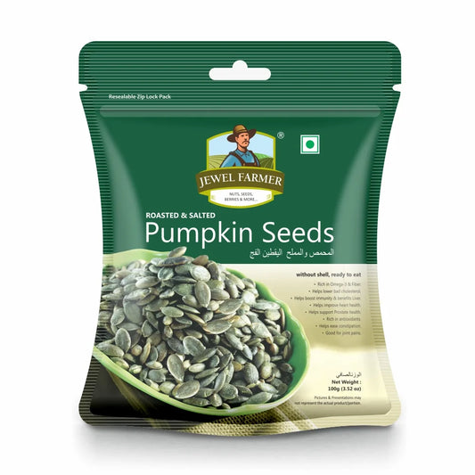 Jewel Farmer Roasted Pumpkin Seeds 100g pack – crunchy, high-protein seeds perfect for healthy snacking and daily nutrition boost.