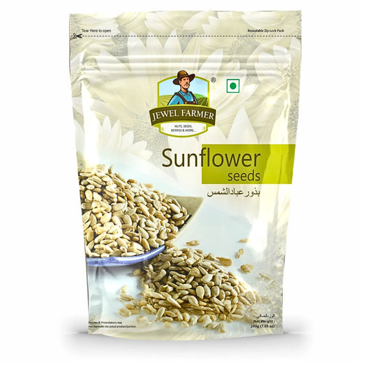 Jewel Farmer Sunflower Seeds 200g pouch featuring raw edible seeds packed with magnesium, healthy oils, and clean energy for daily nutrition.