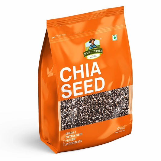 Jewel Farmer Chia Seed 500g pack – whole natural superfood rich in protein, fiber, and omega-3 for healthy lifestyle.