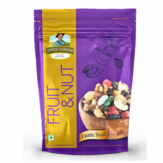 Jewel Farmer Fruit & Nut Mix 200g – premium quality dry fruits and nuts blend in a high-protein, organic snack pack for energy, fitness, and healthy living.