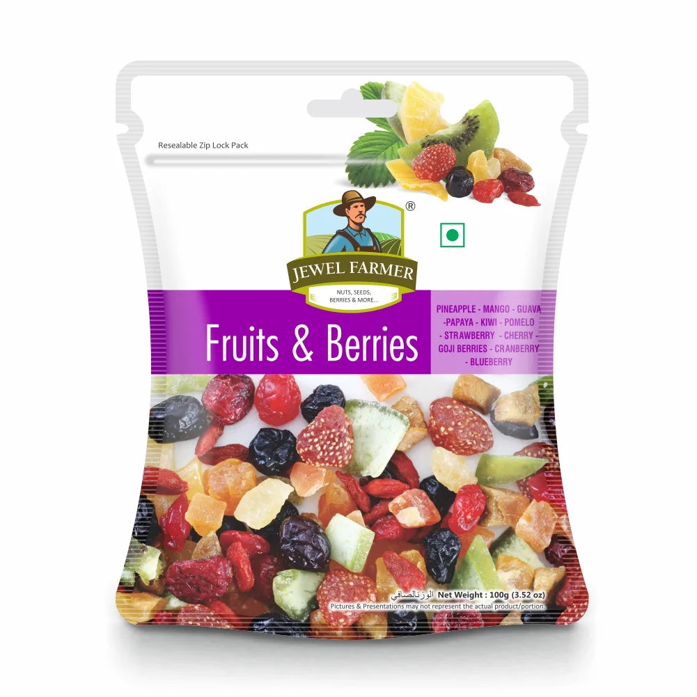 jewel farmer fruits & berries mix 100g pack featuring a nutritious blend of dried fruits and berries – organic, high-protein snack for healthy living.