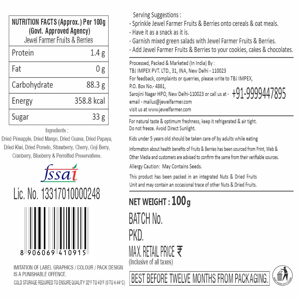 information of jewel farmer fruits & berries 100g pack showcasing detailed nutrition facts, natural ingredients, fssai info, and clean food labeling.