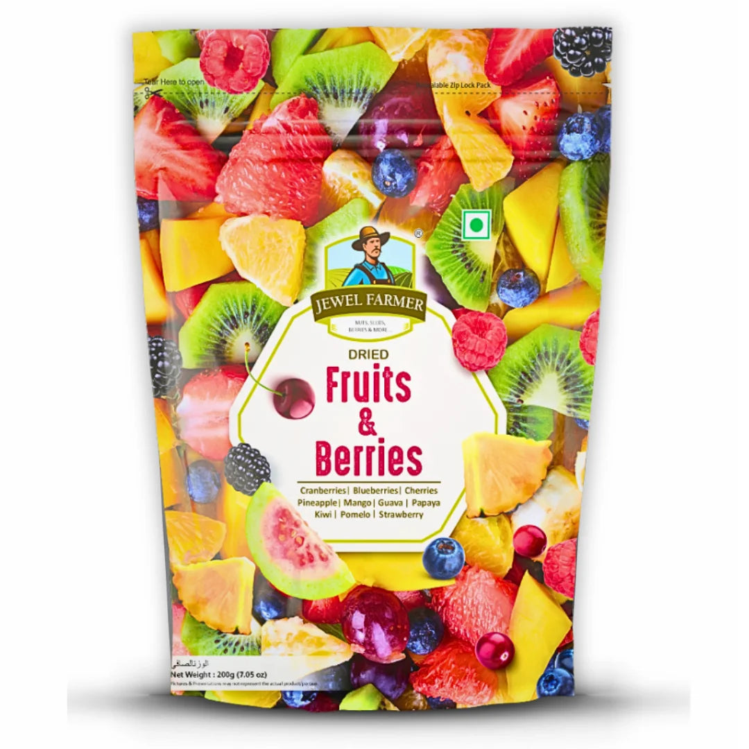 Front view of Jewel Farmer Fruits & Berries 200g showing premium dry fruit mix with antioxidants and natural sweetness for everyday wellness.