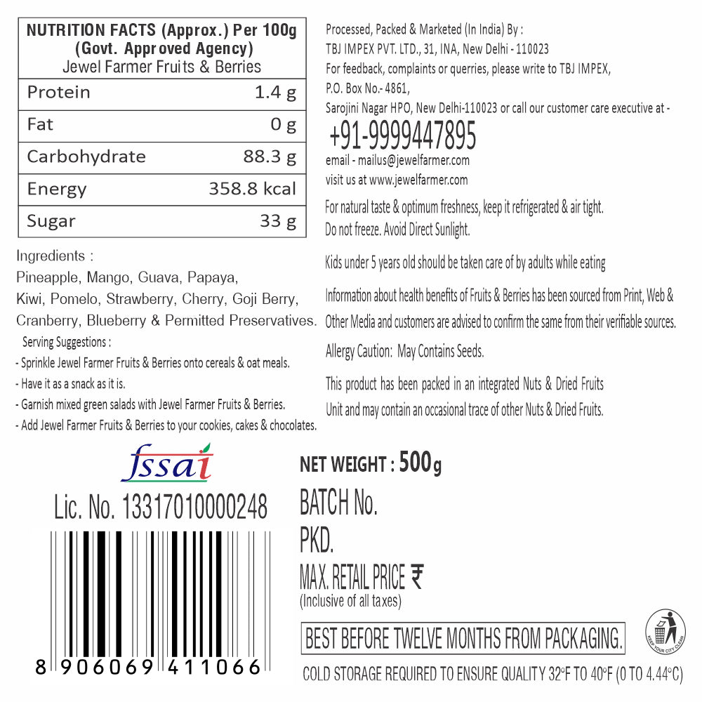 jewel farmer fruits and berries 500g information image showing nutritional facts, clean ingredients, health benefits, and product certifications.