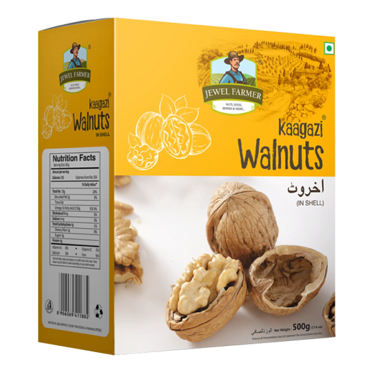Jewel Farmer Kaagazi Walnuts in Shell 500g – premium quality, whole natural walnuts with an easy-to-crack shell, rich in omega-3 & perfect for healthy snacking.