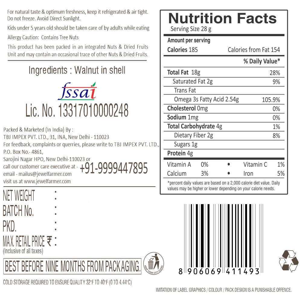 Jewel Farmer Kaagazi Walnuts in Shell 500g – detailed product information, nutritional values, health benefits, and storage guidelines for premium quality whole walnuts.