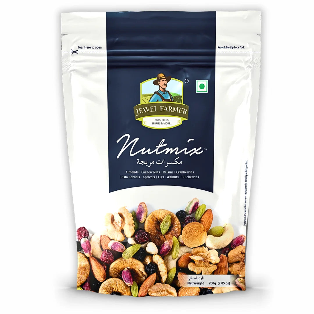 Jewel Farmer Nutmix 200g – Premium organic mix of high-protein nuts including almonds, cashews, and walnuts in hygienic packaging by TBJ Impex Pvt. Ltd.