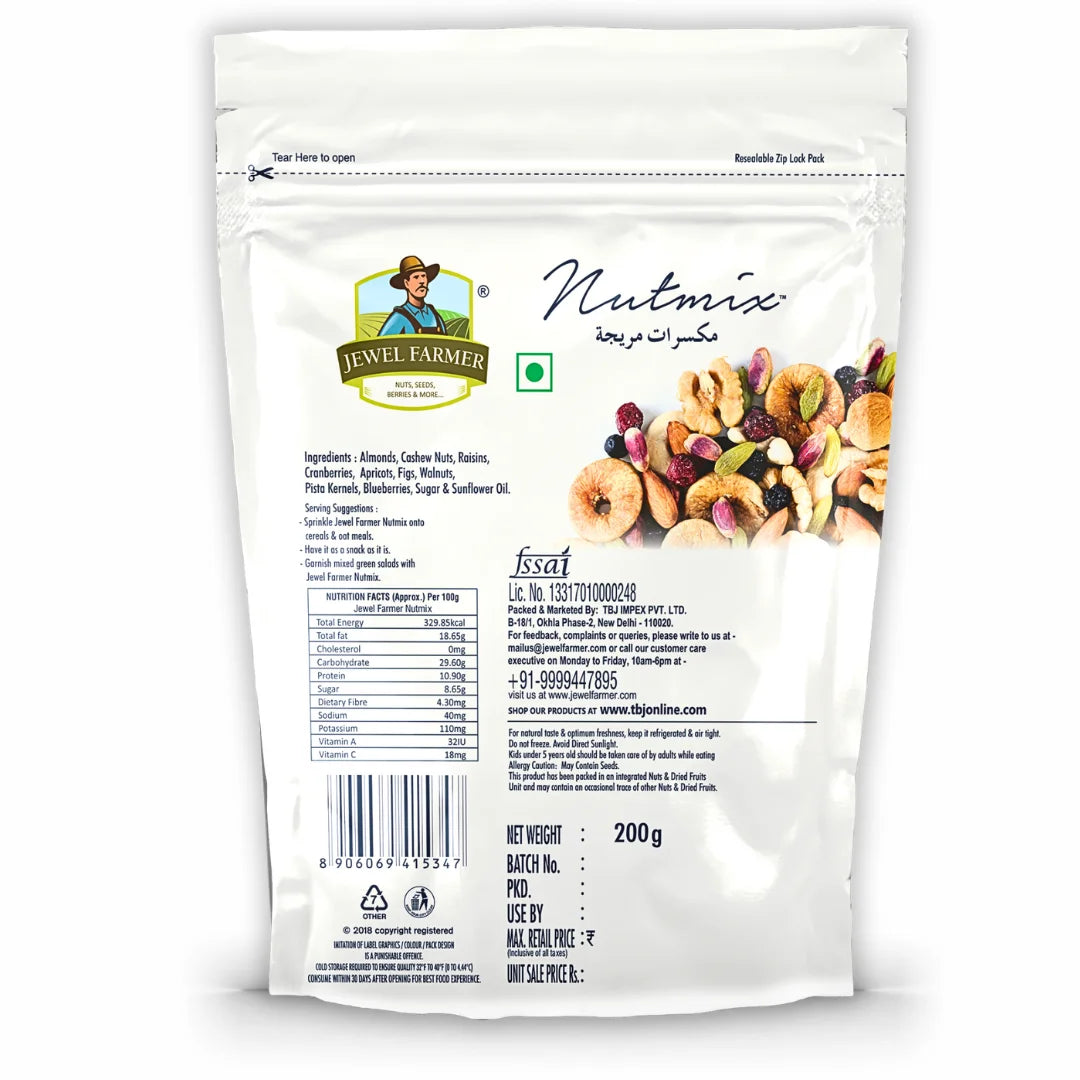 back view of jewel farmer nutmix 200g pack showing nutritional information, ingredients, fssai details, manufacturing date, and branding by tbj impex pvt. ltd.