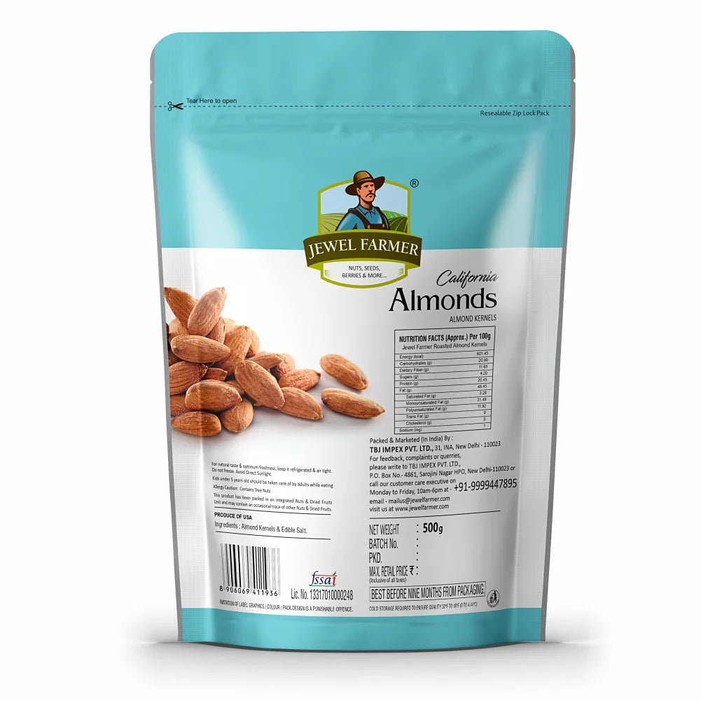 jewel farmer roasted & salted almonds 500g – back view with product details, nutritional values, ingredients, health benefits, and storage instructions for premium quality badam.