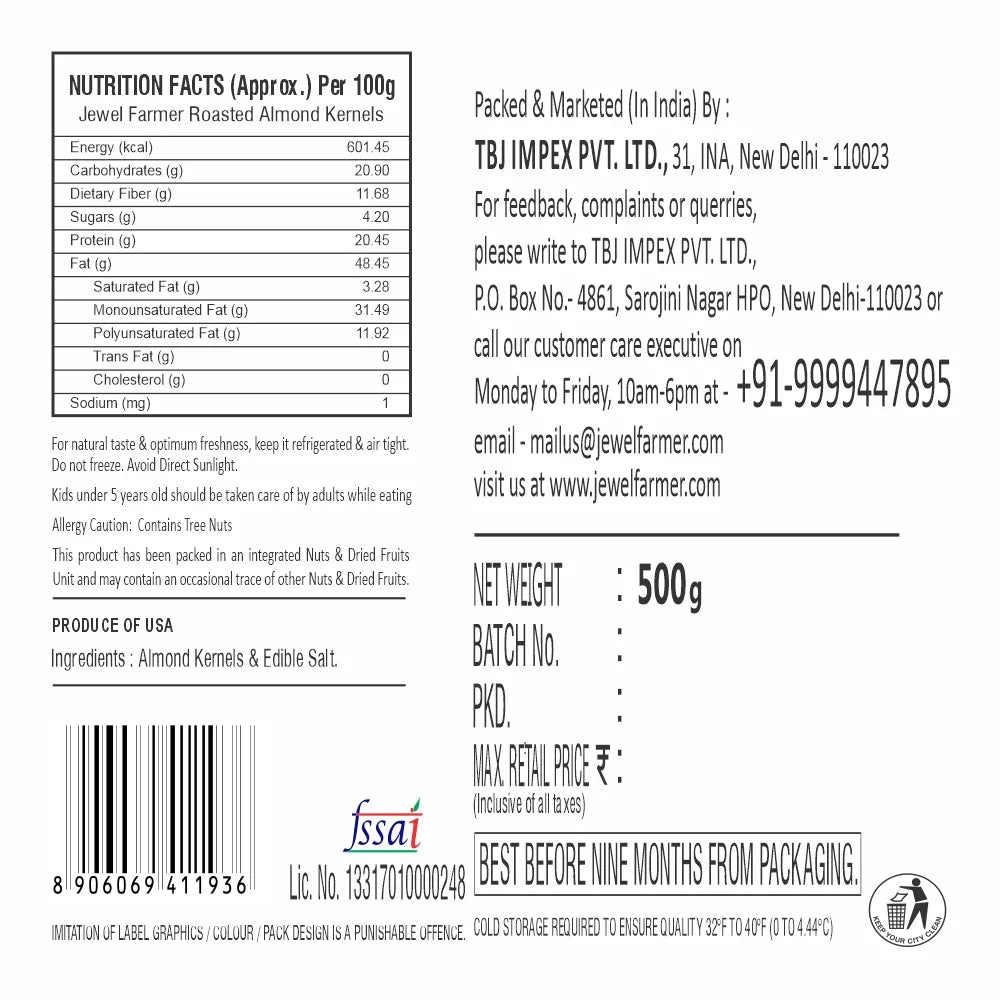 jewel farmer roasted & salted almonds 500g – premium handpicked badam, slow-roasted with rock salt, rich in antioxidants, plant-based protein, and essential nutrients for energy & wellness. includes nutritional facts & storage tips.