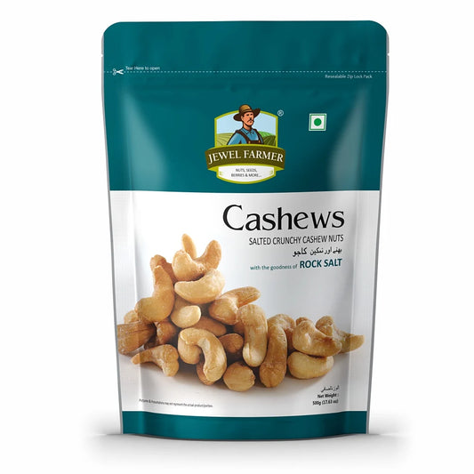 Jewel Farmer Roasted & Salted Cashews 500g – premium quality dry fruits, crunchy cashew nuts, protein-rich & heart-healthy snack. Perfect for gifting & daily nutrition.