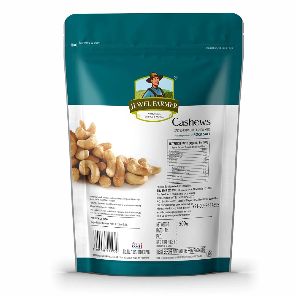 Back view of Jewel Farmer Roasted & Salted Cashews 500g packaging – detailed nutrition facts, ingredients, health benefits, and storage instructions.