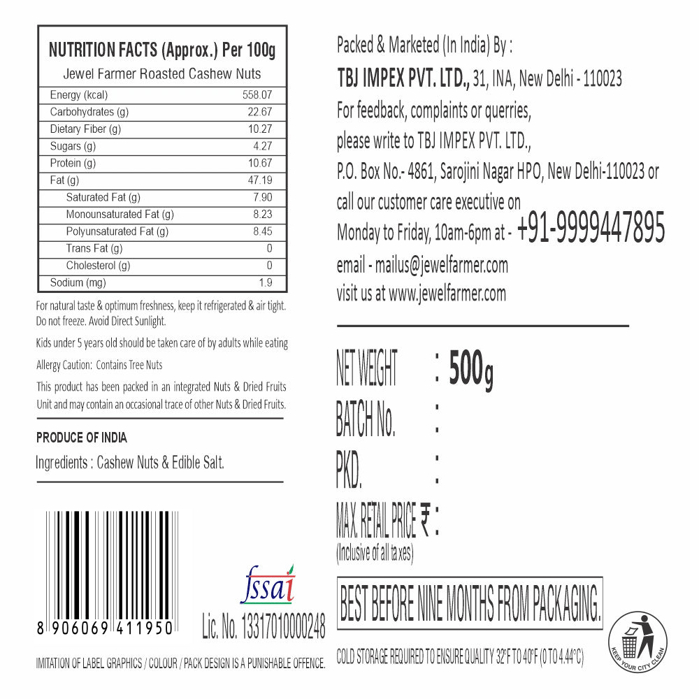Jewel Farmer Roasted & Salted Cashews 500g – detailed product information, nutrition facts, ingredients, health benefits, and storage guidelines.