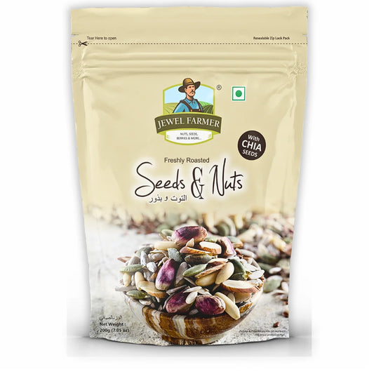 Jewel Farmer Roasted Seeds & Nuts 200g – A nutritious mix of roasted pumpkin seeds, chia seeds, sunflower seeds, almonds, and cashews in high-protein, organic snack packaging by TBJ Impex Pvt. Ltd.