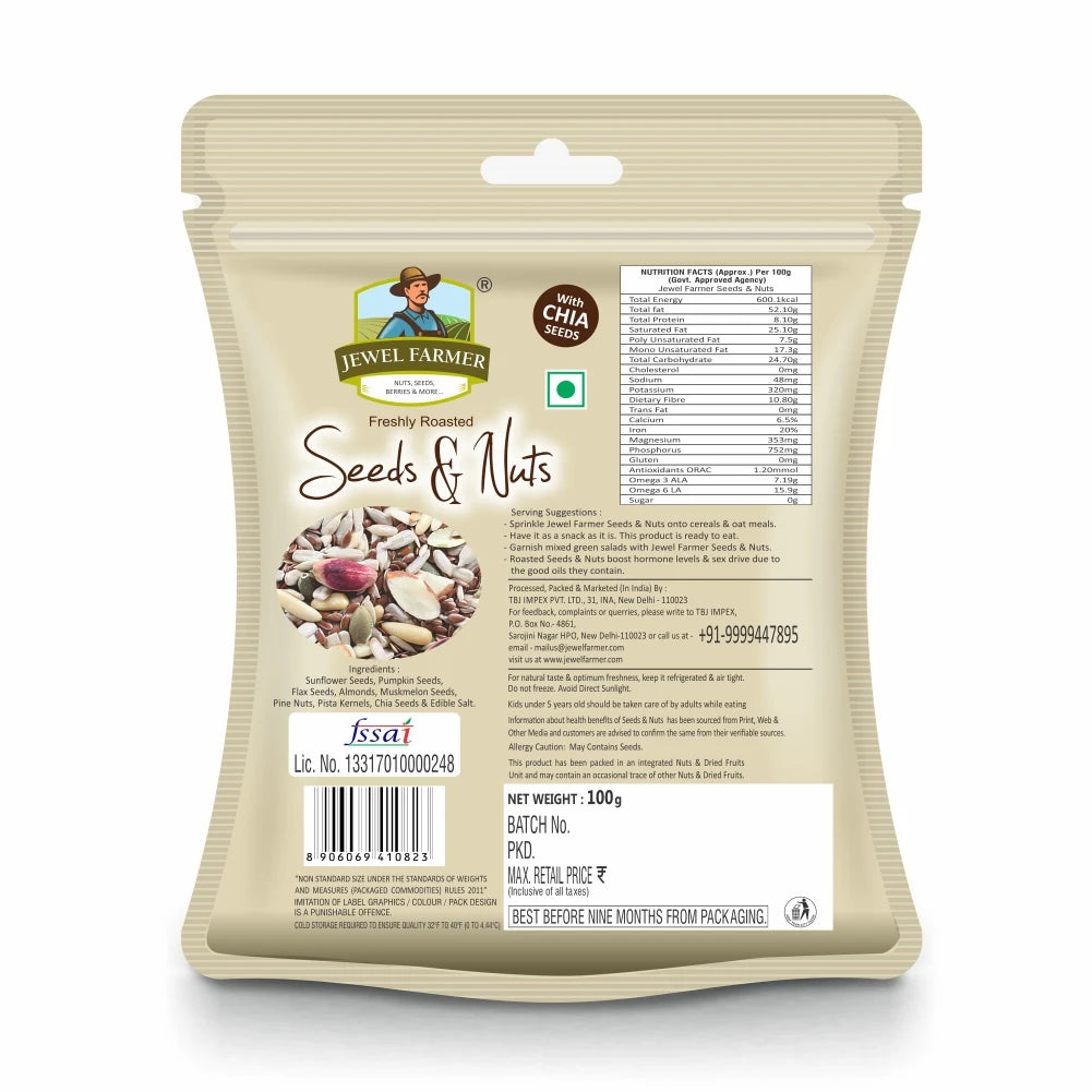 Back view of Jewel Farmer Seeds & Nuts 100g pack showing nutritional facts, ingredients, allergen information, storage instructions, and FSSAI certification details.
