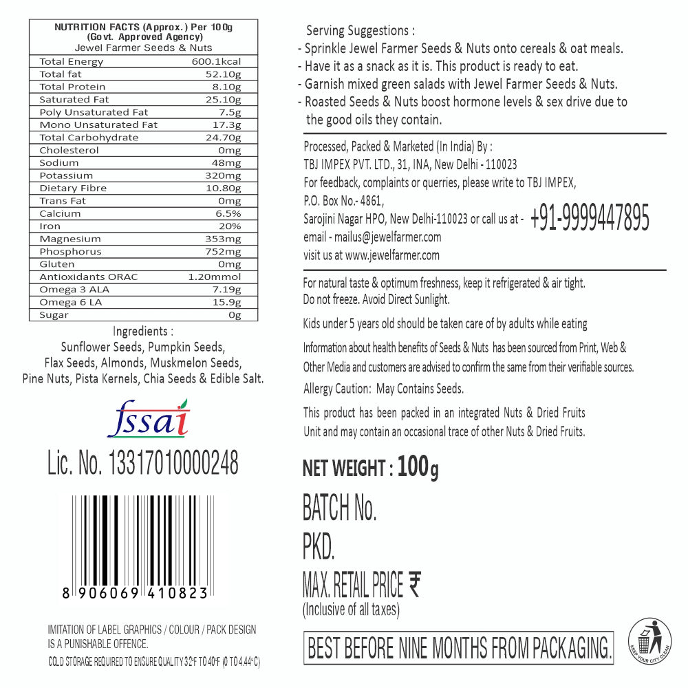 Information image of Jewel Farmer Seeds & Nuts 100g displaying detailed nutritional chart, ingredients list, health benefits, and storage guidelines.