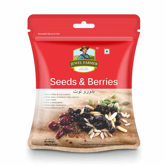 Jewel Farmer Seeds & Berries 100g – Nutritious fusion of natural super seeds and dried berries, rich in fiber and vitamins, packed for freshness by TBJ Impex Pvt. Ltd.