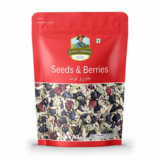 Jewel Farmer Seeds & Berries 500g pack – Premium dry fruits mix with protein-rich roasted seeds and antioxidant-rich berries. Ideal for healthy snacking, immunity boost, and fitness lifestyle. Trusted by health-conscious families across India.