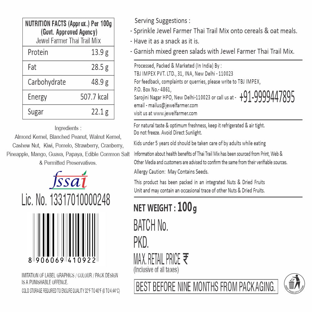 informational image of jewel farmer thai trail mix 100g highlighting health benefits, premium dry fruits ingredients, high protein content, and ideal use for nutritious snacking.