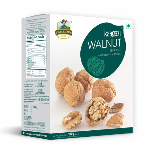 Jewel Farmer California Kaagazi Walnuts in Shell 500g – premium quality, easy-to-crack whole walnuts, rich in omega-3, perfect for brain & heart health.